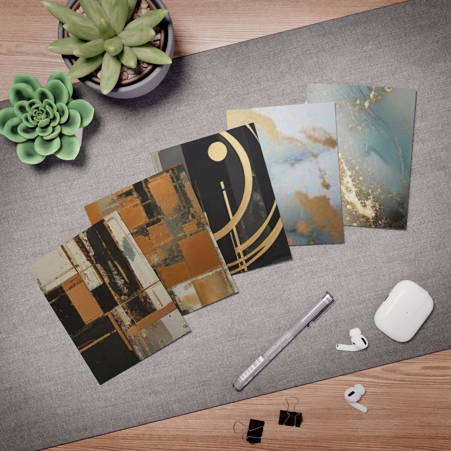 Elegance in Ink: Gold & Black Abstract Art Note Card Set(5-Pack)