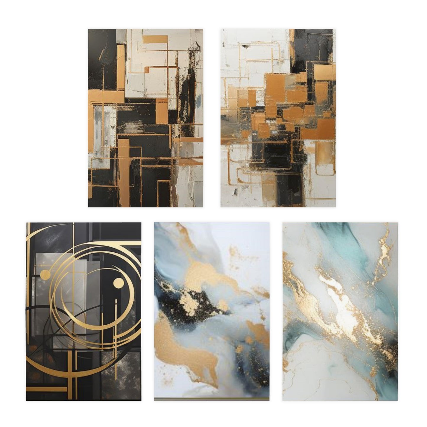 Elegance in Ink: Gold & Black Abstract Art Note Card Set(5-Pack)