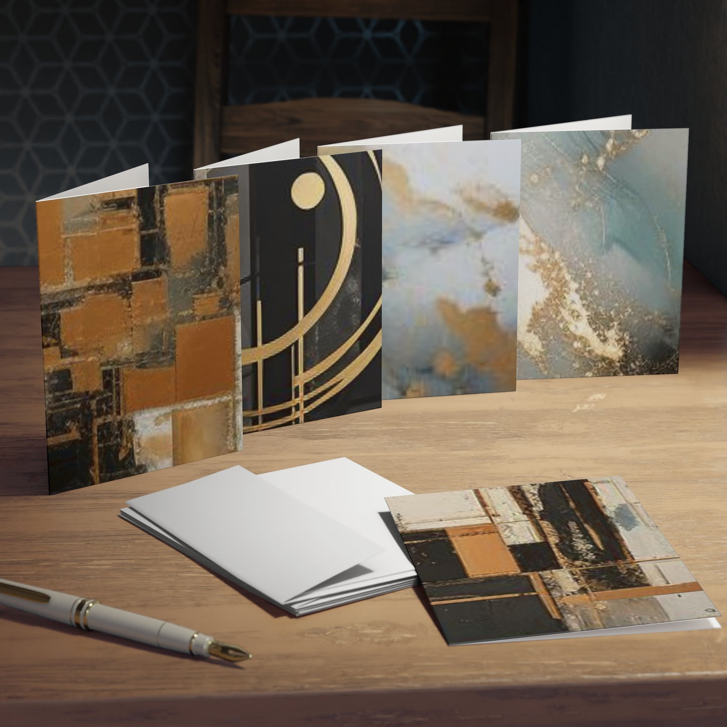 Elegance in Ink: Gold & Black Abstract Art Note Card Set(5-Pack)